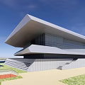 Modern Waterfront Building Exterior Design With White Geometric Structure And Large Glass Windows On Water