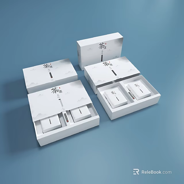 Elegant White Tea Set with Open Boxes and Tea Cakes Packaging Design 3d model 