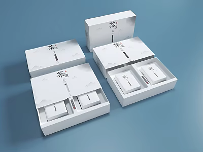 Elegant White Tea Set with Open Boxes and Tea Cakes Packaging Design 3d model