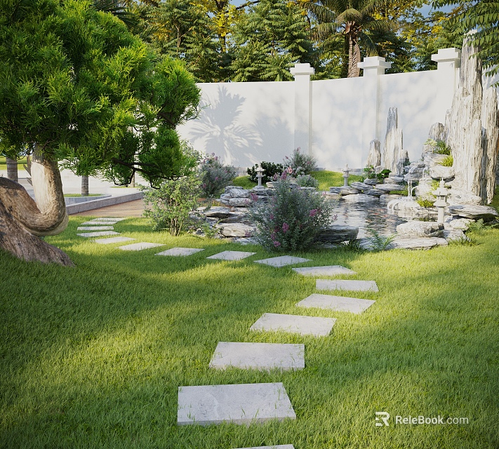Stunning Roof Garden With Lush Green Lawn Stone Pathway Rockery Water Pond And Trees 3d model 