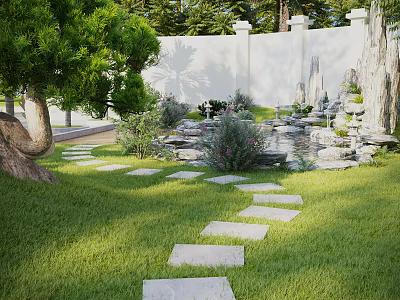 Stunning Roof Garden With Lush Green Lawn Stone Pathway Rockery Water Pond And Trees 3d model