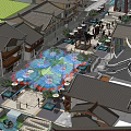 Traditional Commercial Street With Classical Architecture Central Plaza Colorful Fountain And Pedestrian Walkways