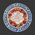 Creamy Fruit Cake Topped With Strawberries Blackberries And Orange Slices On Blue White Patterned Plate