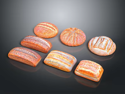 Assorted Freshly Baked Bread With Different Shapes And Striped Patterns 3d model