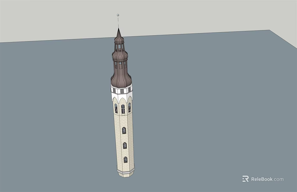 Tall White Tower With Brown Spire And Decorative Windows Structure Design 3d model 