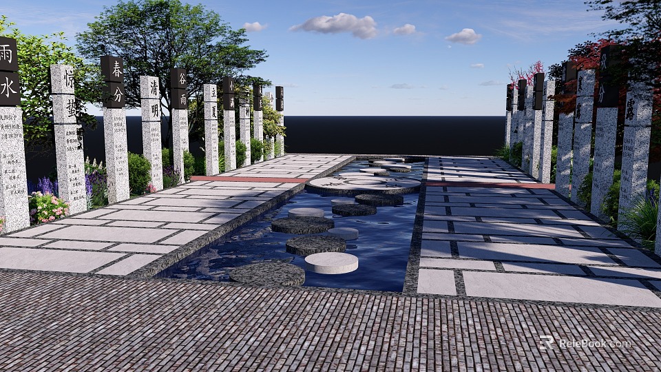 Scenic Plaza Landscape With Stone Paved Walkway Water Pool Stepping Stones Trees And Cloudy Sky 3d model 