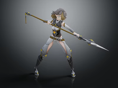 Gray Short Haired Female Warrior Wearing Gray White Armor With Yellow Star Decorations Holding Spear 3d model