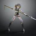 Gray Short Haired Female Warrior Wearing Gray White Armor With Yellow Star Decorations Holding Spear