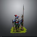 3D Model Of Ancient Soldiers In Blue Red Silver Costumes Standing On Green Grass With Spear