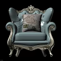 Light Blue Single Sofa with Ornate Carvings Curved Armrests Golden Legs and Decorative Floral Pillow