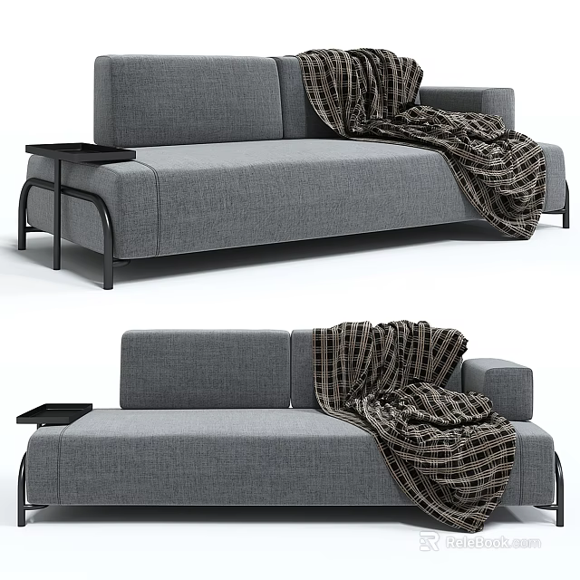Modern Gray Sectional Sofa With Plaid Blanket And Black Side Table 3d model