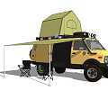 Yellow Off Road Truck with Roof Tent Side Awning and Folding Chair for Camping