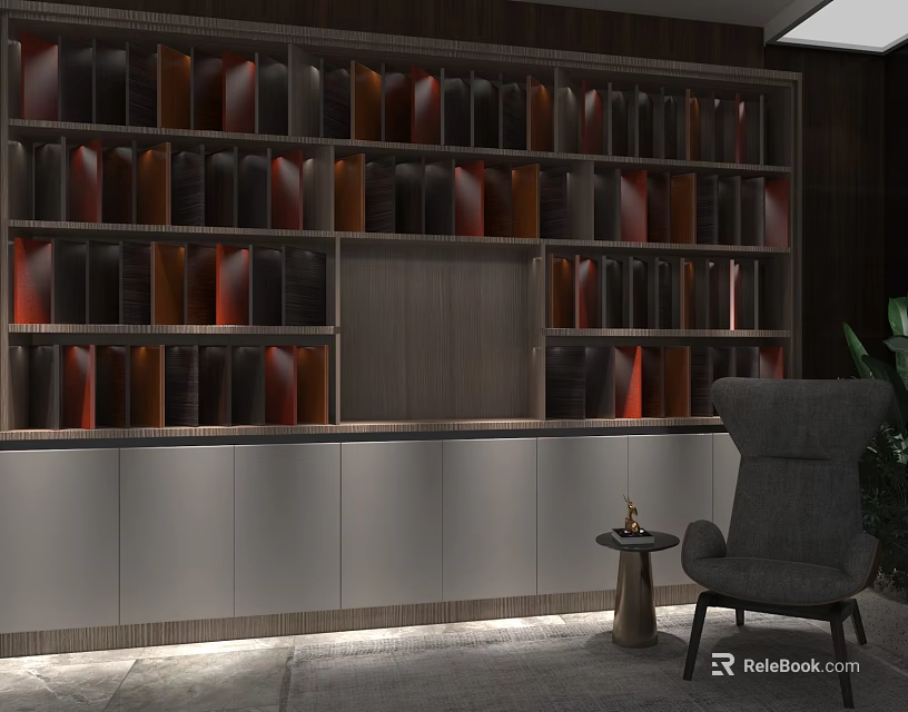 Modern Dark Wooden Display Shelves With Multiple Compartments And Ambient Lighting 3d model 