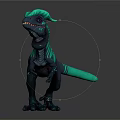 3D Horned Fantasy Creature With Green Blue Stripes And Sharp Teeth