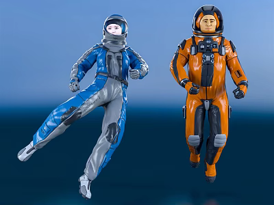 Two Men in Blue and Orange Spacesuits Running in Blue Space Environment 3d model