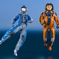 Two Men in Blue and Orange Spacesuits Running in Blue Space Environment 3d model