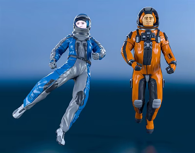 Two Men in Blue and Orange Spacesuits Running in Blue Space Environment 3d model