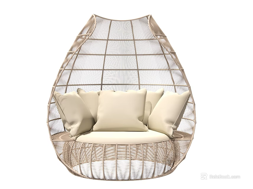Teardrop Shaped Rattan Hanging Chair With Beige Cushions For Comfortable Seating 3d model 