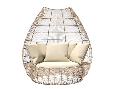 Teardrop Shaped Rattan Hanging Chair With Beige Cushions For Comfortable Seating 3d model