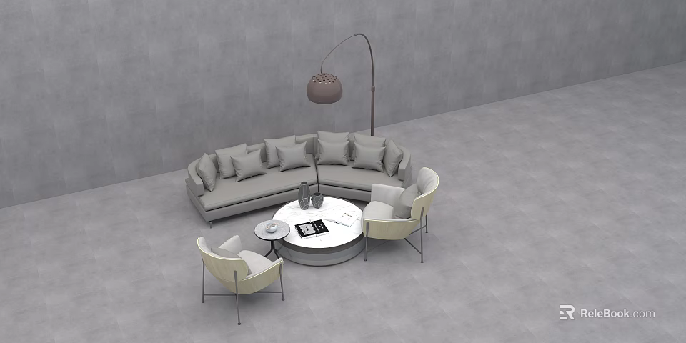 Curved Gray Sofa with Multiple Cushions Round Coffee Table Set White Chairs Floor Lamp 3d model