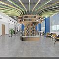 Public Office Space With Glass Partitions Blue Walls Work Desks And Green Plants