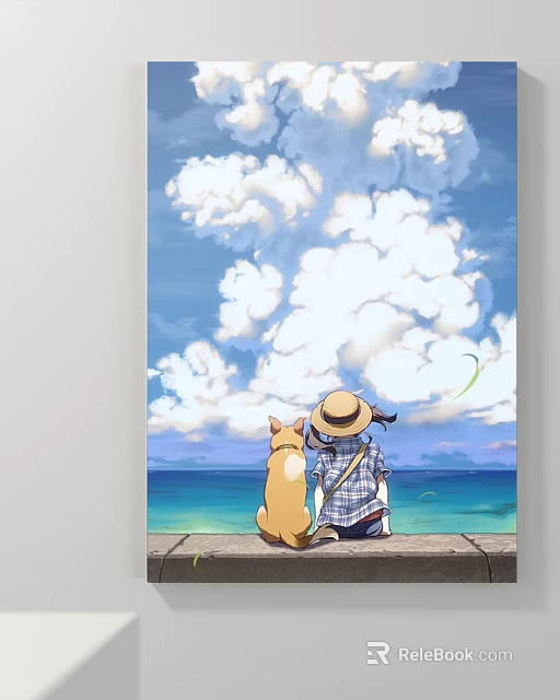 Abstract Painting Girl and Cat on Stone Path Watching Seaside Sky With Clouds and Kite 3d model 
