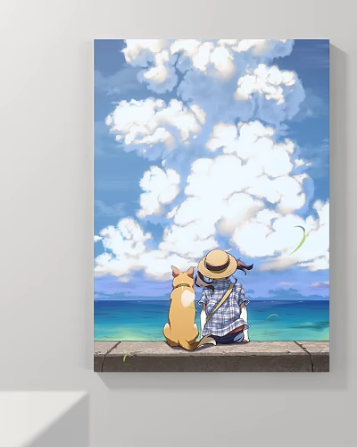 Abstract Painting Girl and Cat on Stone Path Watching Seaside Sky With Clouds and Kite 3d model