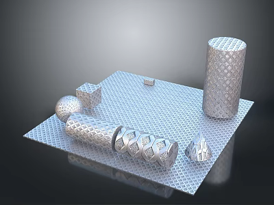 Industrial Metal Components With Geometric Shapes And Perforated Mesh Texture On Platform 3d model