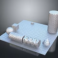 Industrial Metal Components With Geometric Shapes And Perforated Mesh Texture On Platform