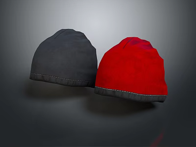 Two Gray And Red Velvet Fabric Hats With Stitched Edges On Dark Background 3d model