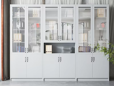Modern White Bookshelf With Glass Door Cabinets And Decorative Storage Compartments 3d model