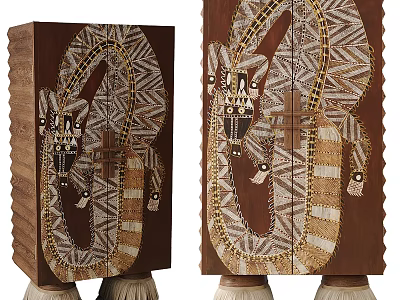 Intricate Wooden Decorative Cabinets With Snake And Geometric Patterns Brown Gold Accents And Tassel Bases 3d model