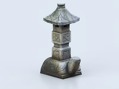 Traditional Stone Outdoor Lantern With Carved Design And Turtle Base For Garden 3d model
