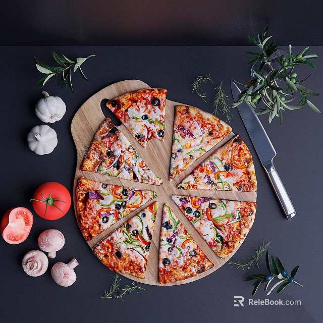 Fresh Baked Pizza with Vegetables Olives Mushrooms on Wooden Board Garlic Tomato and Herbs 3d model 