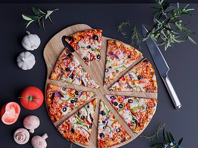 Fresh Baked Pizza with Vegetables Olives Mushrooms on Wooden Board Garlic Tomato and Herbs 3d model