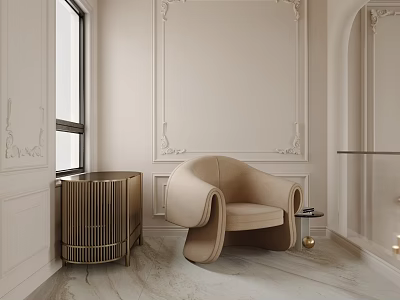 Beige Single Sofa With Unique Curved Design In Room With Decorative Moldings Marble Floor And Gold Side Table 3d model