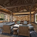 Hotel Public Lounge Area With Wooden Ceiling Columns Bookshelves Sofas Coffee Tables And Wooden Flooring
