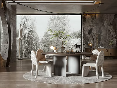Elegant Modern Restaurant Interior Design With Round Dining Table White Chairs And Large Window View 3d model