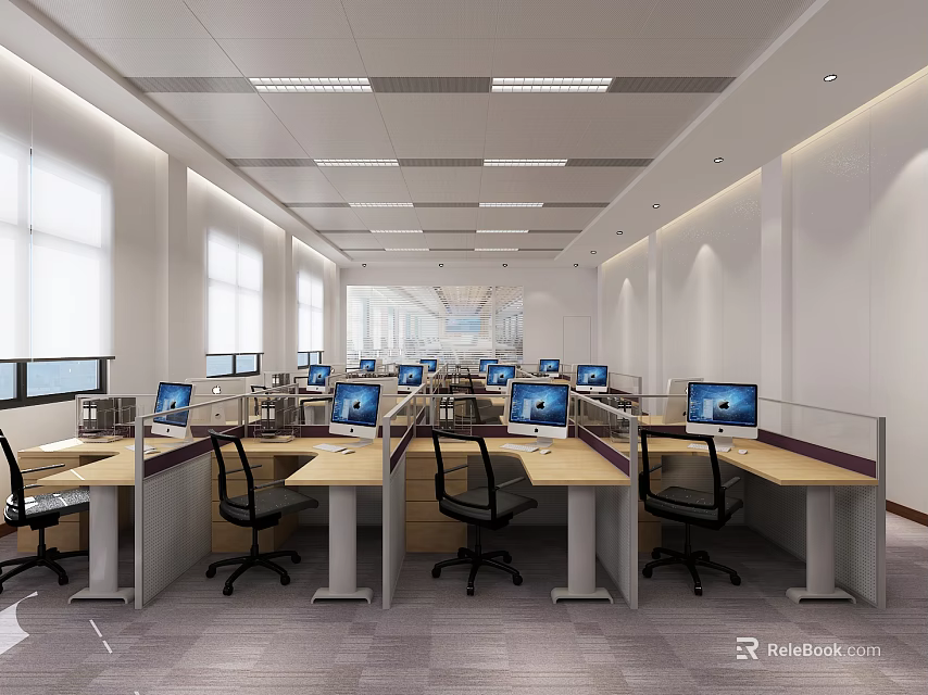 Modern Public Office Space With Workstations Computers Ergonomic Chairs And Natural Lighting 3d model
