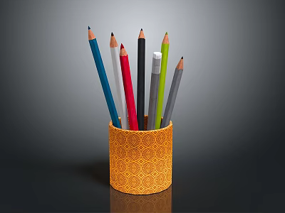 Orange Patterned Pen Holder With Multiple Colored Pencils For Desk Organizing 3d model