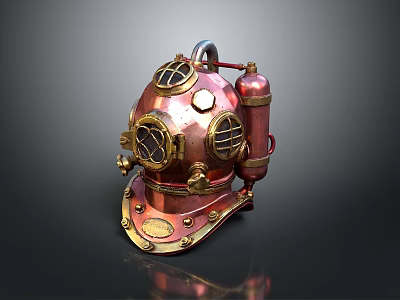 Vintage Copper Diving Helmet With Round Glass Windows And Attached Air Tank 3d model
