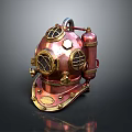 Vintage Copper Diving Helmet With Round Glass Windows And Attached Air Tank