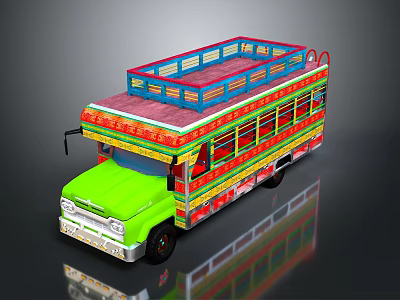 Vibrant Open Top Bus With Green Front And Colorful Striped Decorations 3d model