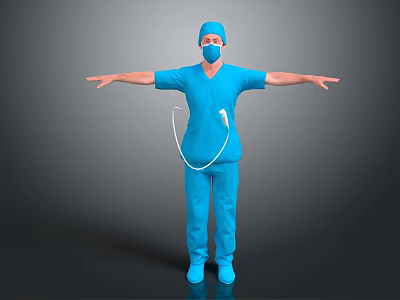 Woman in Blue Medical Scrubs With Mask and Cap Arms Outstretched 3d model