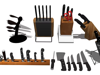 Variety of Essential Kitchen Knives with Wooden and Black Knife Blocks and Hanging Racks 3d model