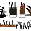 Variety of Essential Kitchen Knives with Wooden and Black Knife Blocks and Hanging Racks