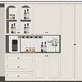 White Modern Wine Cabinet With Glass Doors Interior Lighting Coffee Machine And Decorative Bottles