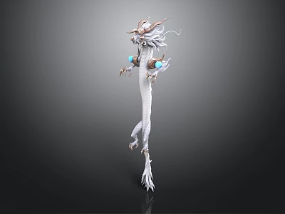 White 3D Dragon Model With Blue Gemstone Decorations And Detailed Head Design 3d model