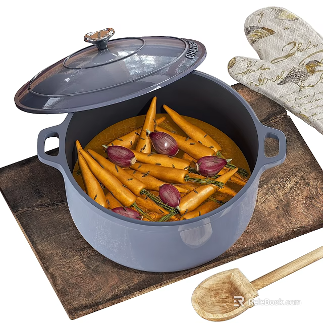 Blue Enamel Cooking Pot With Open Lid Carrots Onions Herbs and Wooden Spoon for Kitchen 3d model 