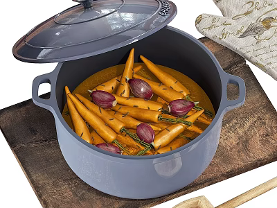 Blue Enamel Cooking Pot With Open Lid Carrots Onions Herbs and Wooden Spoon for Kitchen 3d model